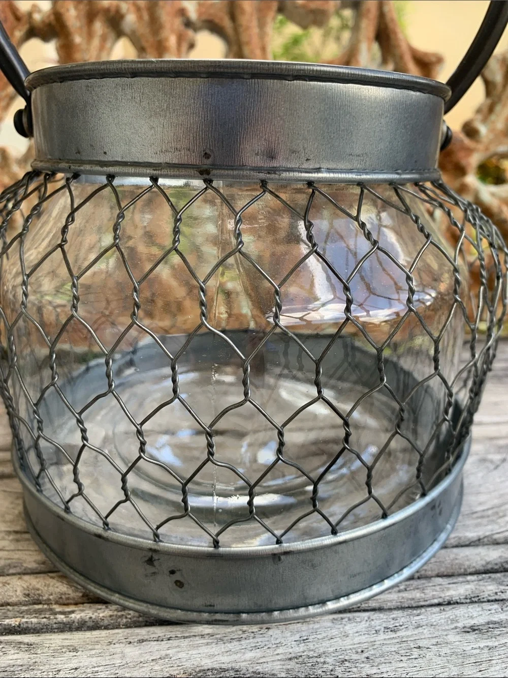 Vintage Gray Metal & Glass Jar Lantern with Arched Handle
